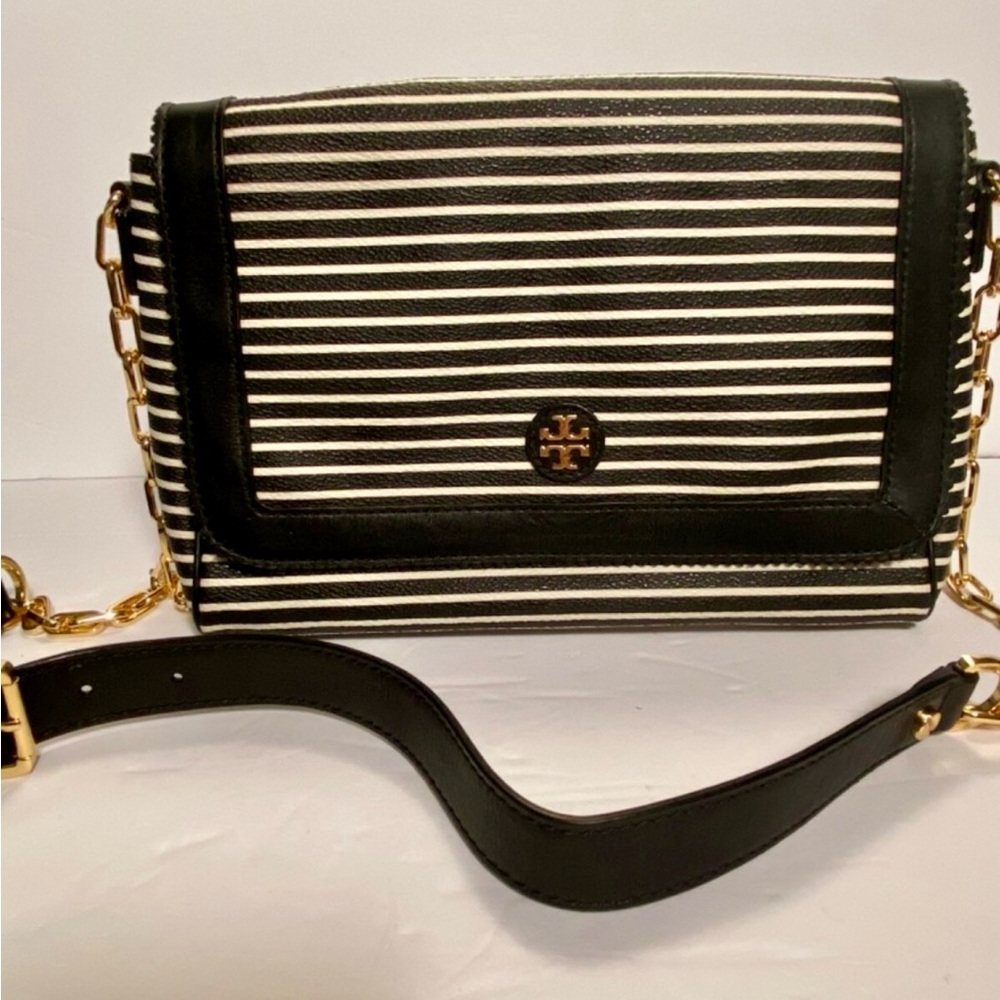 Tory Burch Black and White Striped Leather Shoulder Bag